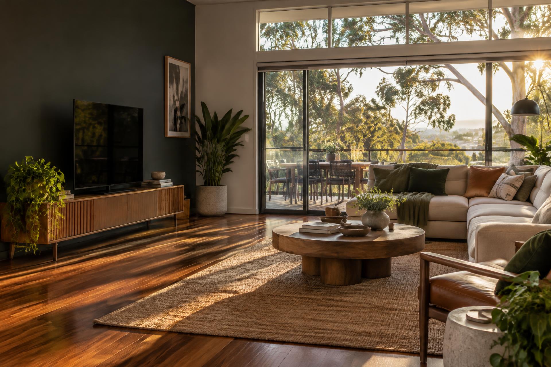 Contemporary Australian share house living room overlooking eucalyptus trees